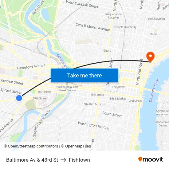 Baltimore Av & 43rd St to Fishtown map