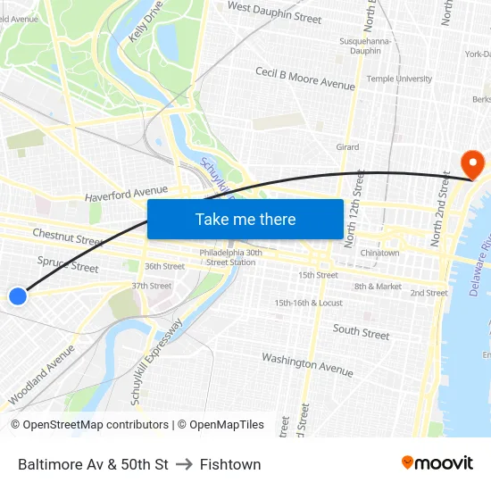 Baltimore Av & 50th St to Fishtown map