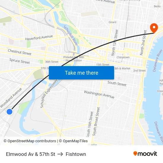 Elmwood Av & 57th St to Fishtown map