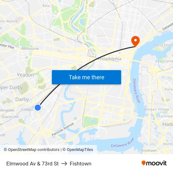 Elmwood Av & 73rd St to Fishtown map