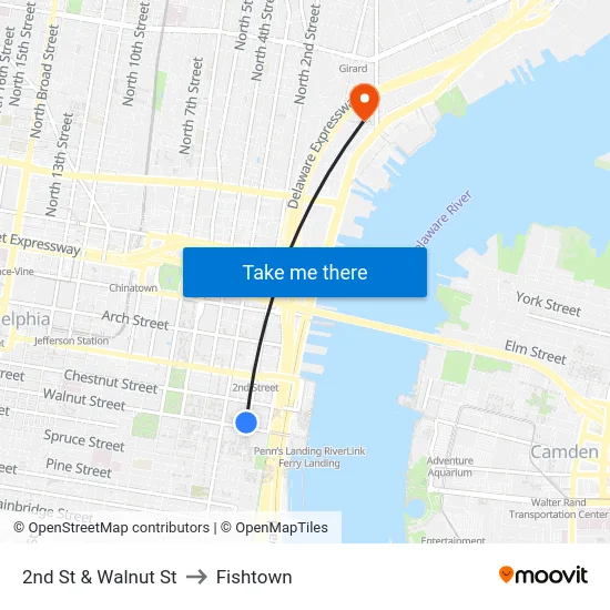 2nd St & Walnut St to Fishtown map