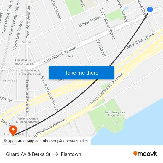 Girard Av & Berks St to Fishtown map