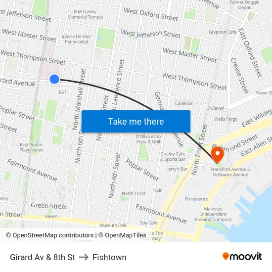 Girard Av & 8th St to Fishtown map