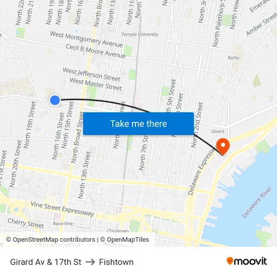 Girard Av & 17th St to Fishtown map