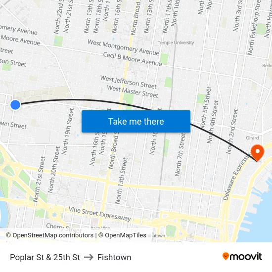 Poplar St & 25th St to Fishtown map