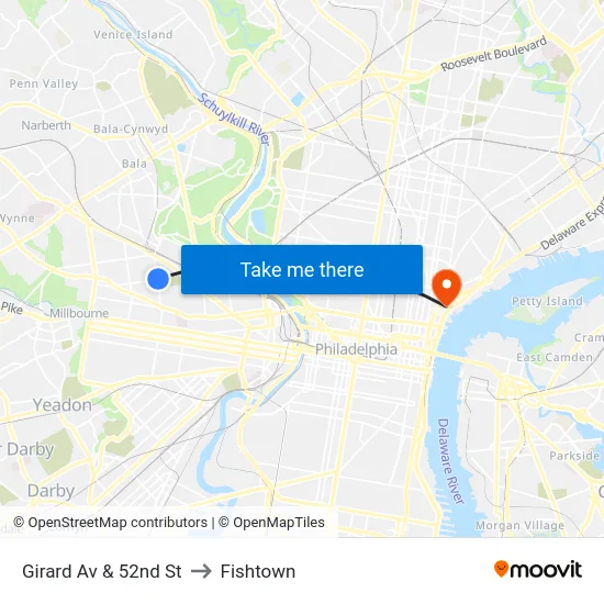 Girard Av & 52nd St to Fishtown map