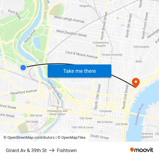 Girard Av & 39th St to Fishtown map