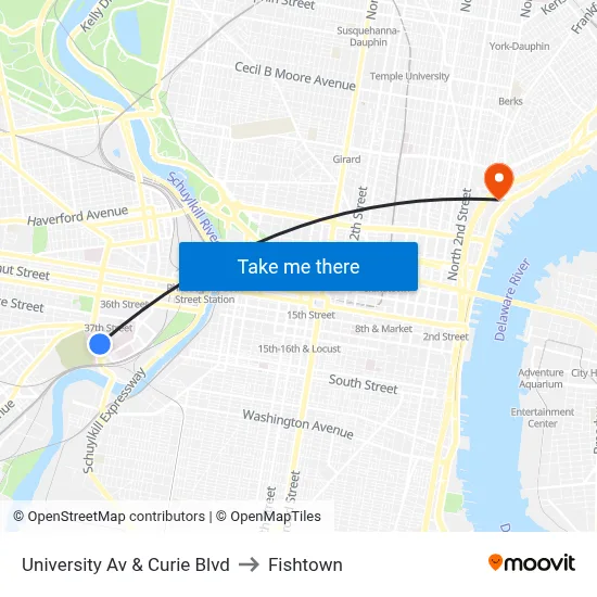 University Av & Curie Blvd to Fishtown map