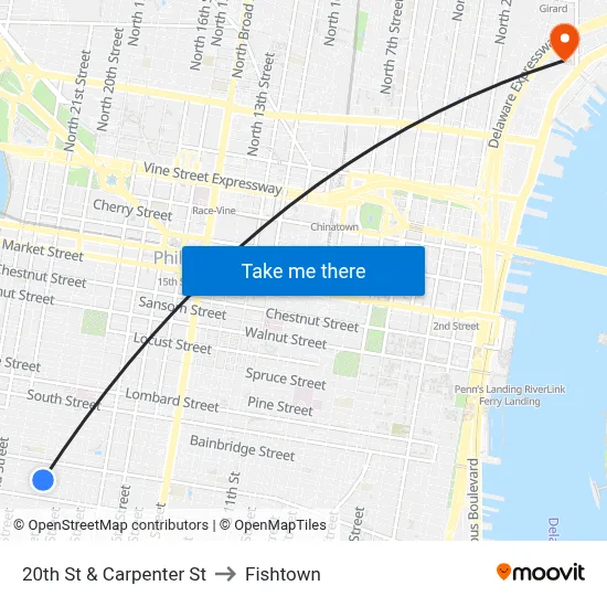 20th St & Carpenter St to Fishtown map