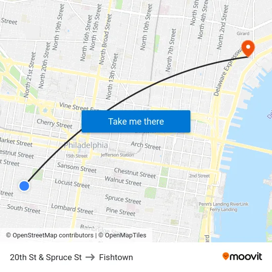 20th St & Spruce St to Fishtown map