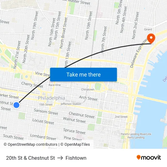 20th St & Chestnut St to Fishtown map