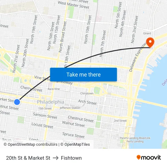20th St & Market St to Fishtown map