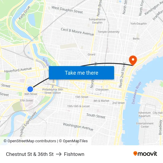 Chestnut St & 36th St to Fishtown map
