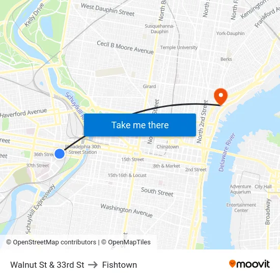 Walnut St & 33rd St to Fishtown map