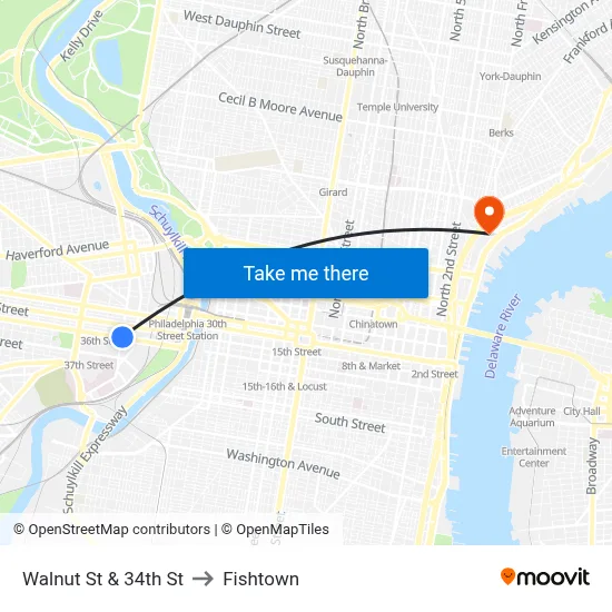 Walnut St & 34th St to Fishtown map