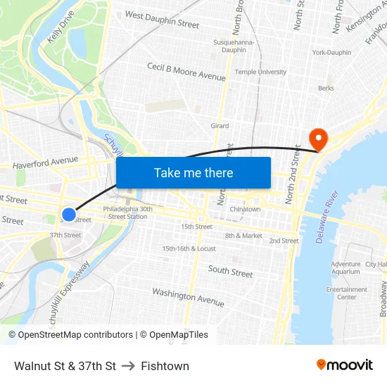 Walnut St & 37th St to Fishtown map