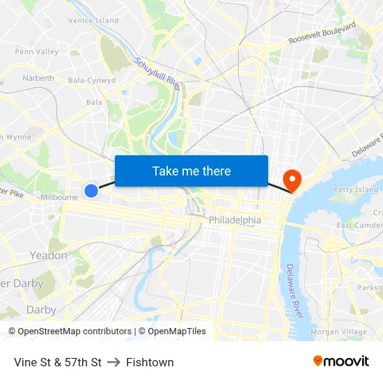 Vine St & 57th St to Fishtown map