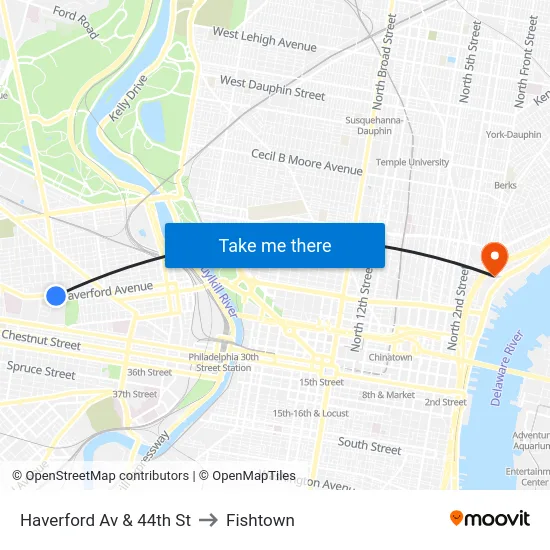 Haverford Av & 44th St to Fishtown map