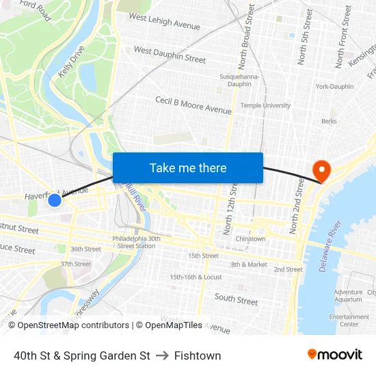 40th St & Spring Garden St to Fishtown map
