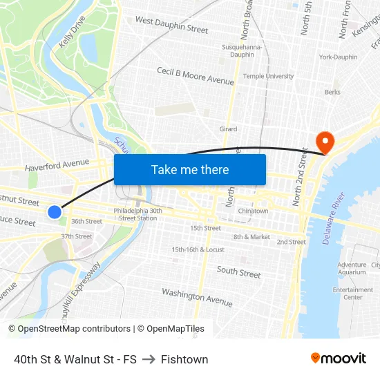 40th St & Walnut St - FS to Fishtown map