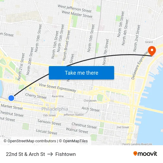 22nd St & Arch St to Fishtown map