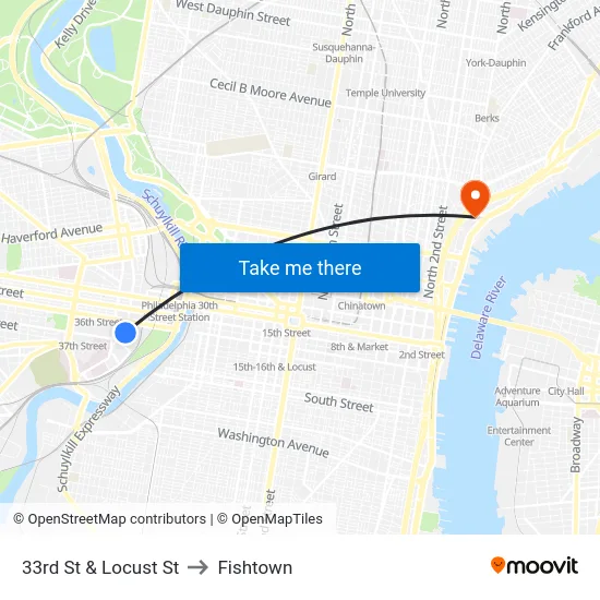 33rd St & Locust St to Fishtown map