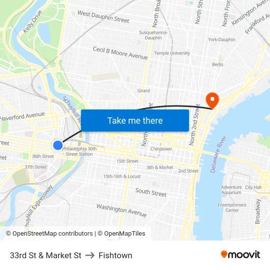 33rd St & Market St to Fishtown map