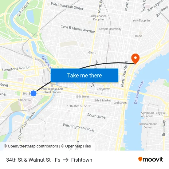 34th St & Walnut St - Fs to Fishtown map