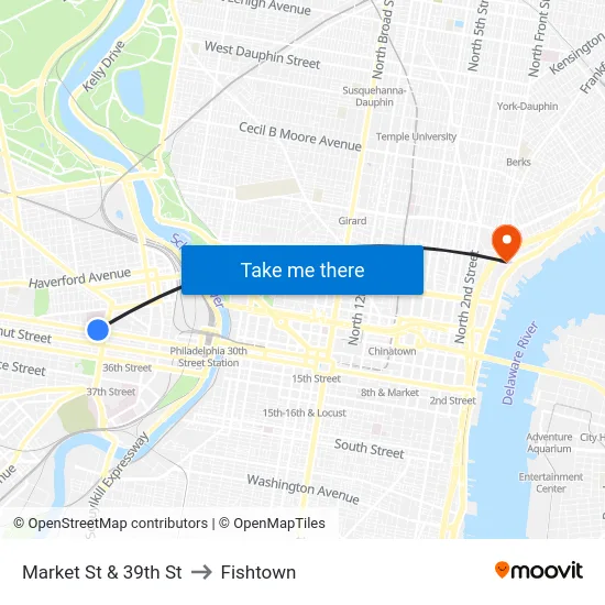 Market St & 39th St to Fishtown map