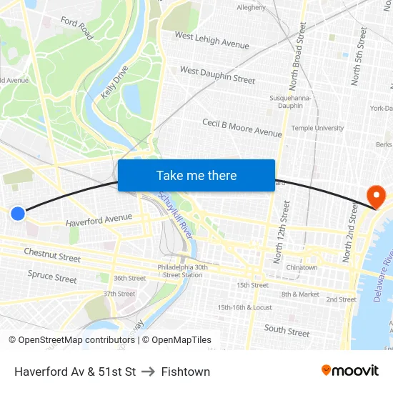 Haverford Av & 51st St to Fishtown map