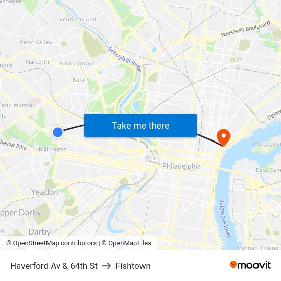 Haverford Av & 64th St to Fishtown map