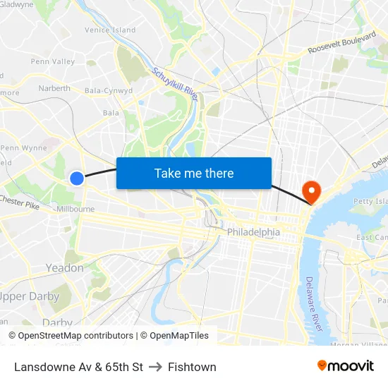 Lansdowne Av & 65th St to Fishtown map