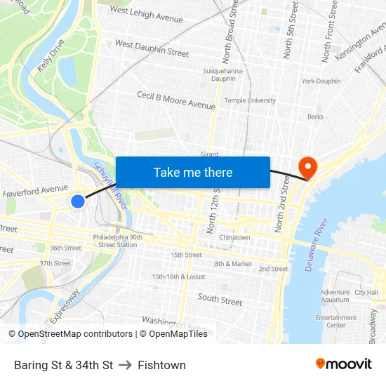 Baring St & 34th St to Fishtown map