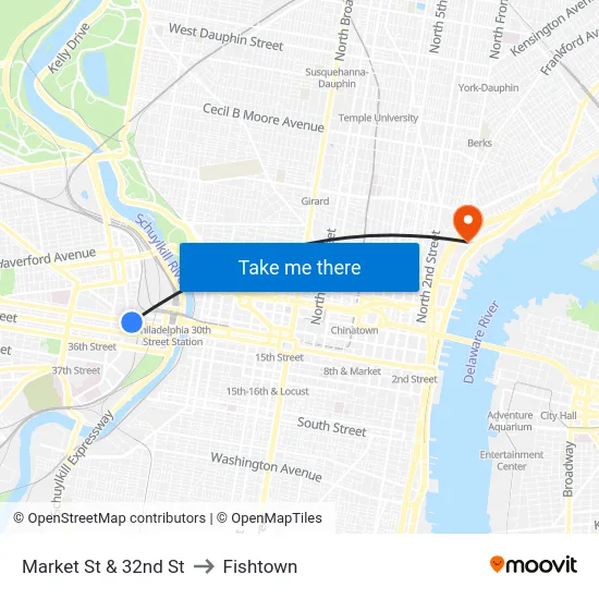Market St & 32nd St to Fishtown map