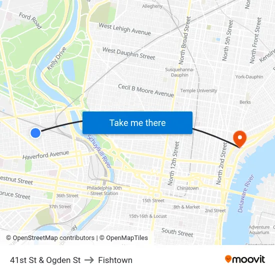 41st St & Ogden St to Fishtown map