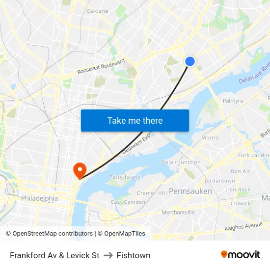 Frankford Av & Levick St to Fishtown map