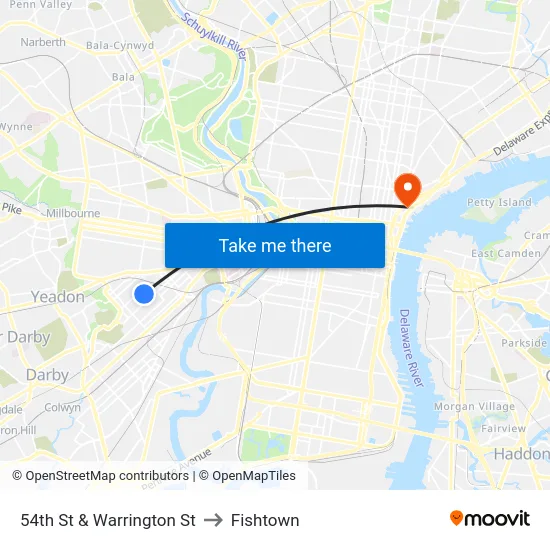 54th St & Warrington St to Fishtown map