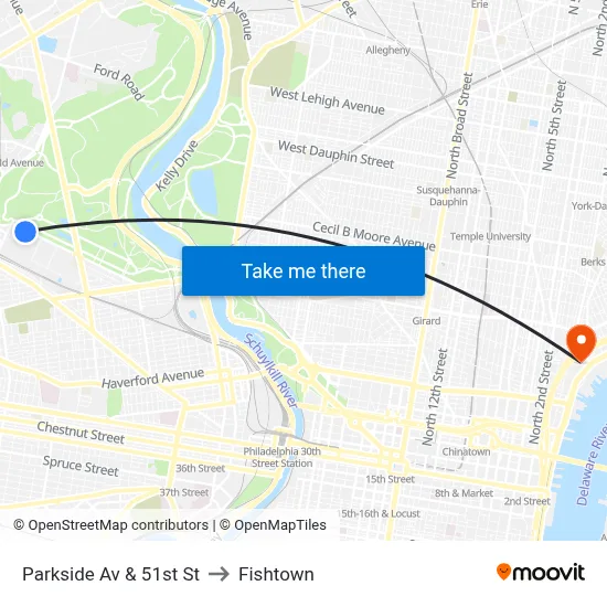 Parkside Av & 51st St to Fishtown map