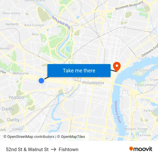 52nd St & Walnut St to Fishtown map