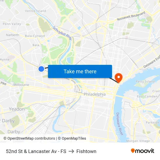52nd St & Lancaster Av - FS to Fishtown map