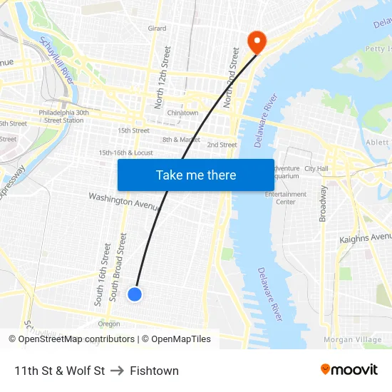 11th St & Wolf St to Fishtown map