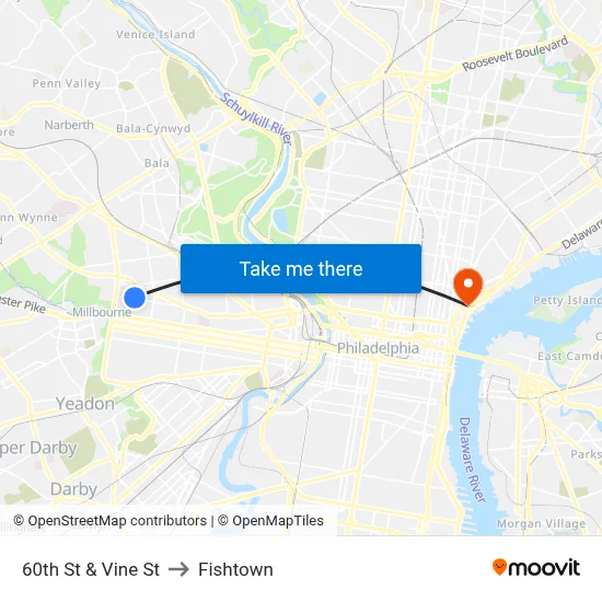 60th St & Vine St to Fishtown map