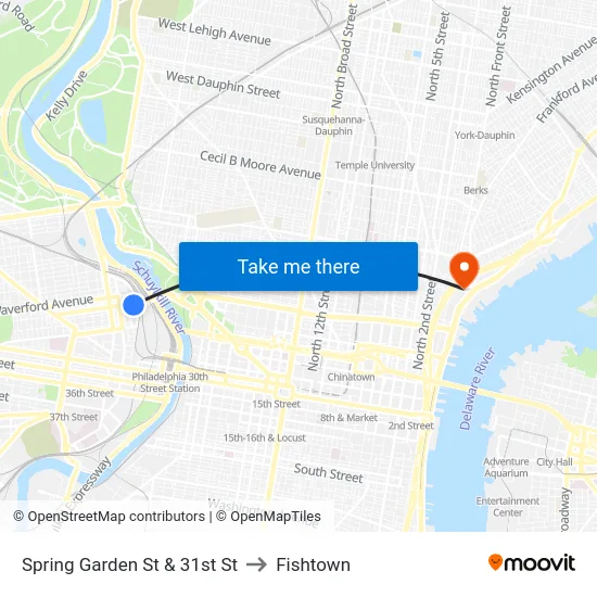 Spring Garden St & 31st St to Fishtown map