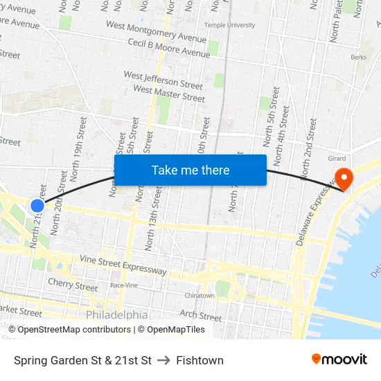 Spring Garden St & 21st St to Fishtown map