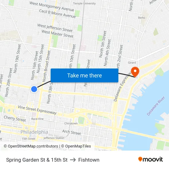 Spring Garden St & 15th St to Fishtown map