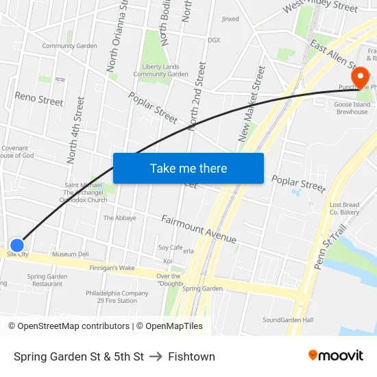 Spring Garden St & 5th St to Fishtown map