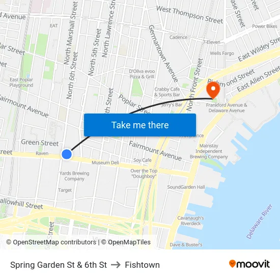 Spring Garden St & 6th St to Fishtown map