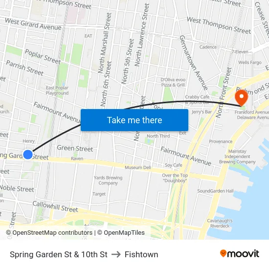 Spring Garden St & 10th St to Fishtown map