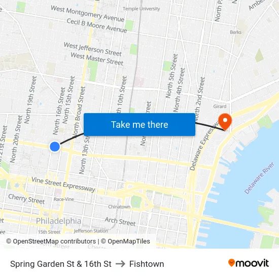 Spring Garden St & 16th St to Fishtown map