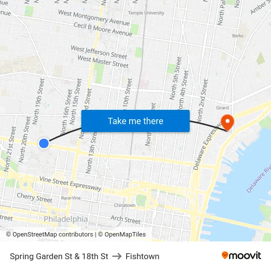 Spring Garden St & 18th St to Fishtown map